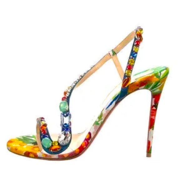 Christian Louboutin Floral Heels with Gems - Picture 3 of 10